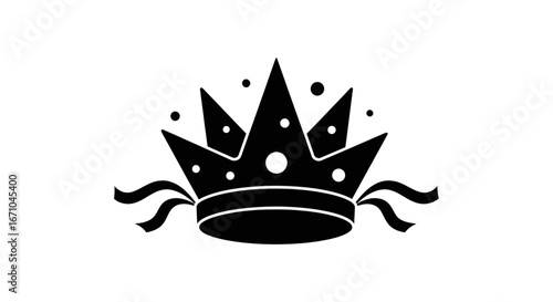 Silhouette of an ornate crown with decorative ribbons.