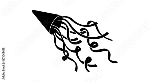 Silhouette of a party popper with streamers, a simple graphic design.