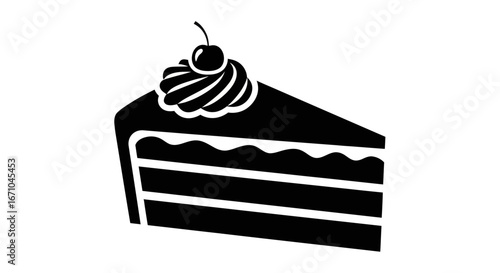 Silhouette of a delicious slice of cake with whipped cream and cherry.