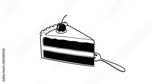 Simple black and white line drawing of a slice of chocolate cake with whipped cream and a cherry.