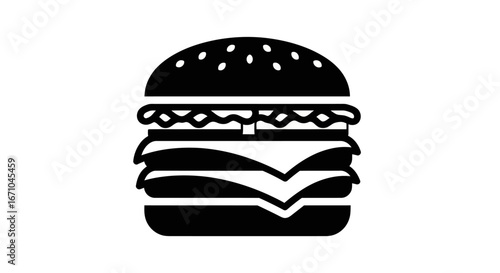 Simple black and white graphic of a double cheeseburger.