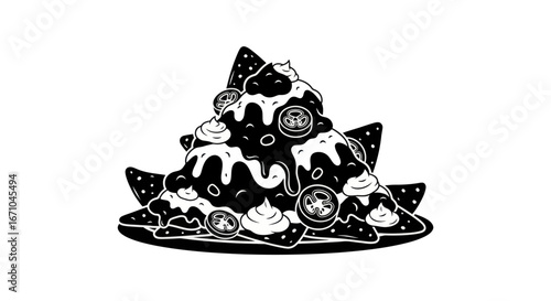 A stylized black and white illustration of a large pile of nachos.