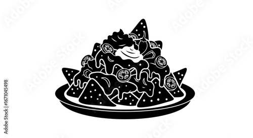 Silhouette illustration of a plate of nachos with various toppings.