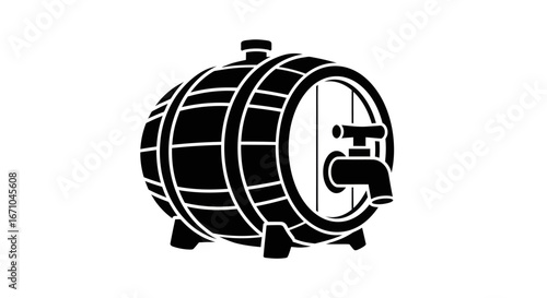 Black and white illustration of a wooden barrel with a tap for dispensing beverages.