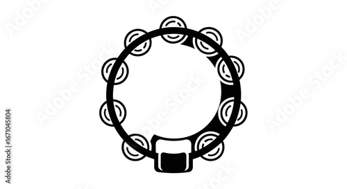 Black and white illustration of a tambourine, showcasing its circular frame and jingles.