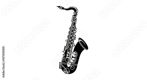 A detailed black and white illustration of a saxophone instrument, isolated against a white background.