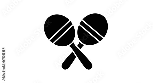 A black and white silhouette of two crossed maracas, a percussion instrument used in music.