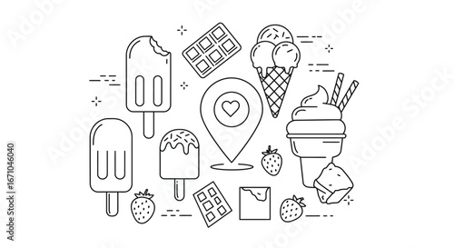 A collection of line art icons featuring various ice cream treats, chocolate, and strawberries, centered around a location pin with a heart.