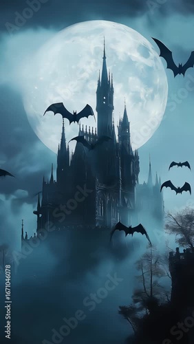 spooky black blue gothic castle silhouette with full moon and flying bats