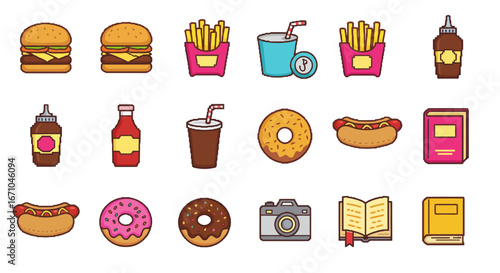 A collection of colorful cartoon-style icons featuring fast food, drinks, books, and a camera on a white background.