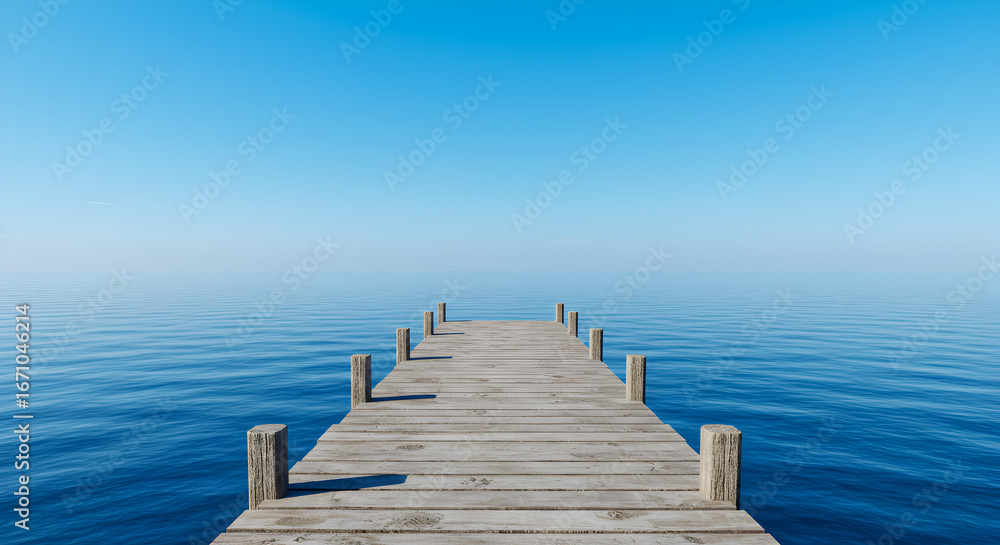 Fototapeta premium Serene Wooden Pier Extending into Vast Blue Ocean Under Clear Sky, Calm Water to Horizon