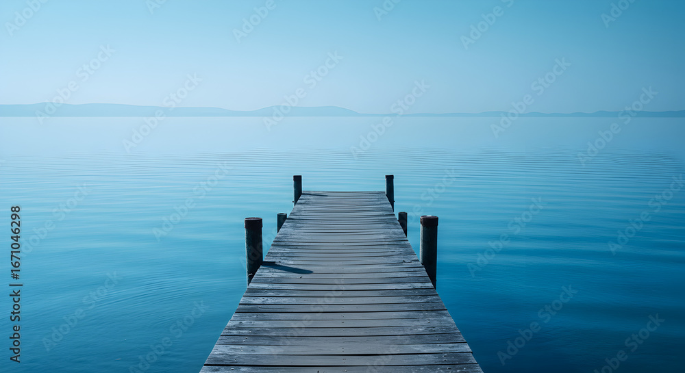 Fototapeta premium Peaceful Wooden Pier Extending into Serene Blue Water