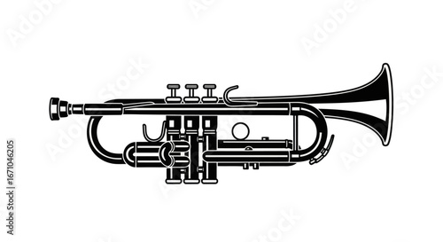 Detailed illustration of a shiny, black trumpet, showcasing its intricate design and components.