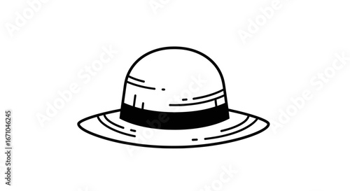 A simple black and white line drawing of a straw hat with a black band.