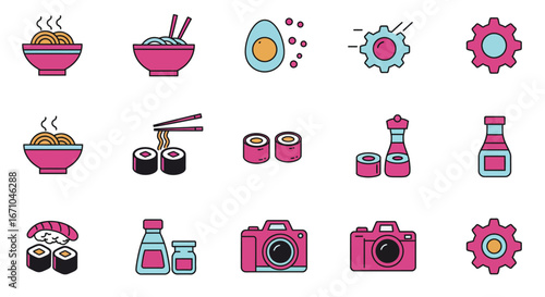 A collection of colorful vector icons depicting Japanese food like sushi and ramen, alongside cameras and gear symbols.