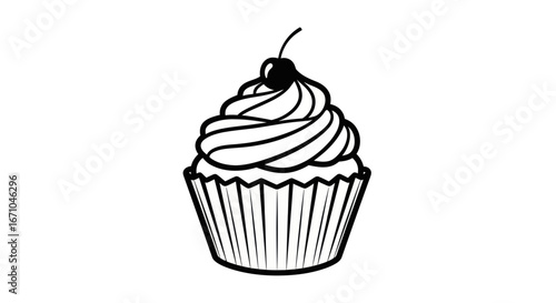 Black and white illustration of a cupcake with frosting and a cherry on top.