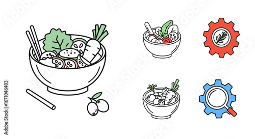 Set of minimalist line art icons featuring Asian noodle soup bowls and gear symbols for food technology and search.