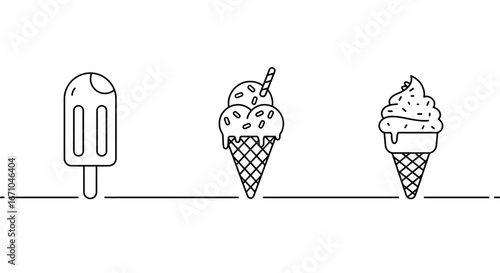 A set of three black and white line art icons depicting different ice cream treats: a popsicle, a scoop cone, and a soft serve.