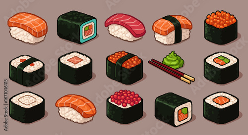 An isometric illustration of various types of Japanese sushi, including nigiri, maki, and gunkan, with chopsticks and wasabi.