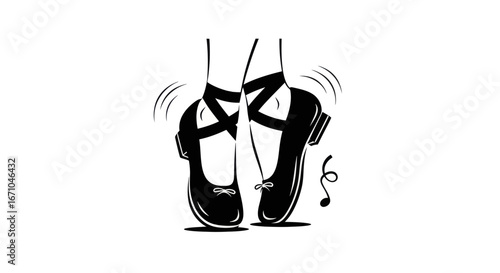 Black and white illustration of a dancer's feet in ballet shoes, poised.