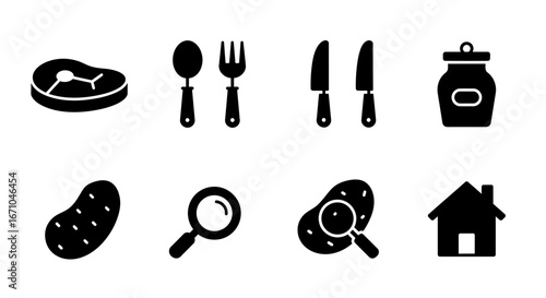 A collection of black glyph icons representing food, cooking, and inspection, including steak, cutlery, a potato, and a house.