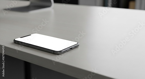 A modern smartphone with a blank white screen rests on a lightcolored desk