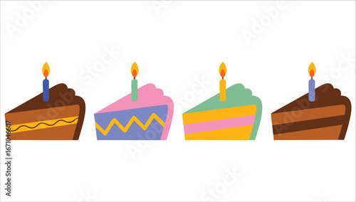 hand drawn birthday cake slices with glowing candles vector art isolated on white background
