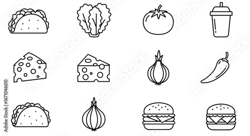 A set of twelve minimalist line art icons depicting various food items and ingredients, including tacos, burgers, cheese, and vegetables.
