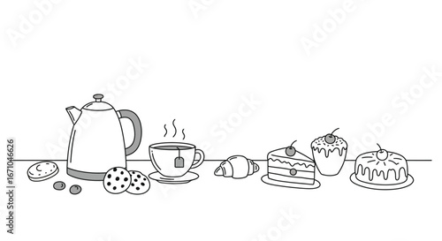 A black and white line drawing of a tea party spread with a kettle, teacup, cookies, cakes, and pastries.