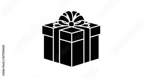 Black and white illustration of a wrapped gift box with a decorative bow on top.