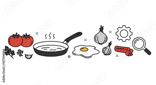 A banner illustration of cooking ingredients like a fried egg, tomatoes, onion, and sausage next to a hot frying pan.