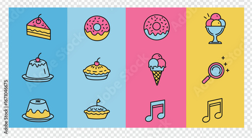 A colorful collection of cartoon icons featuring desserts like cake, donuts, and ice cream, alongside a magnifying glass and musical notes.
