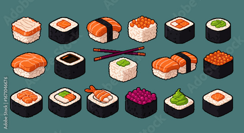 A collection of various types of pixel art sushi, including nigiri, maki, and gunkan, arranged neatly on a teal background with chopsticks.