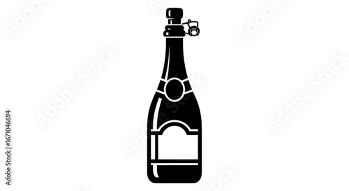 Black and white illustration of a champagne bottle with a cork and label.