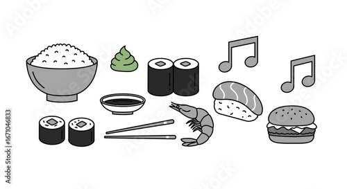 A collection of black and white food icons featuring Japanese cuisine like sushi and rice, alongside a hamburger and musical notes.
