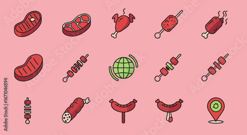 A set of eight flat design icons featuring barbecue food like steak and skewers, alongside travel and location symbols like a globe and map pins.
