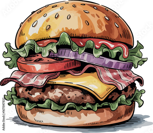  a mouth-watering, deluxe bacon cheeseburger, piled high with fresh ingredients. It features a juicy patty, melted cheese, crispy bacon, lettuce, tomato, and red onion