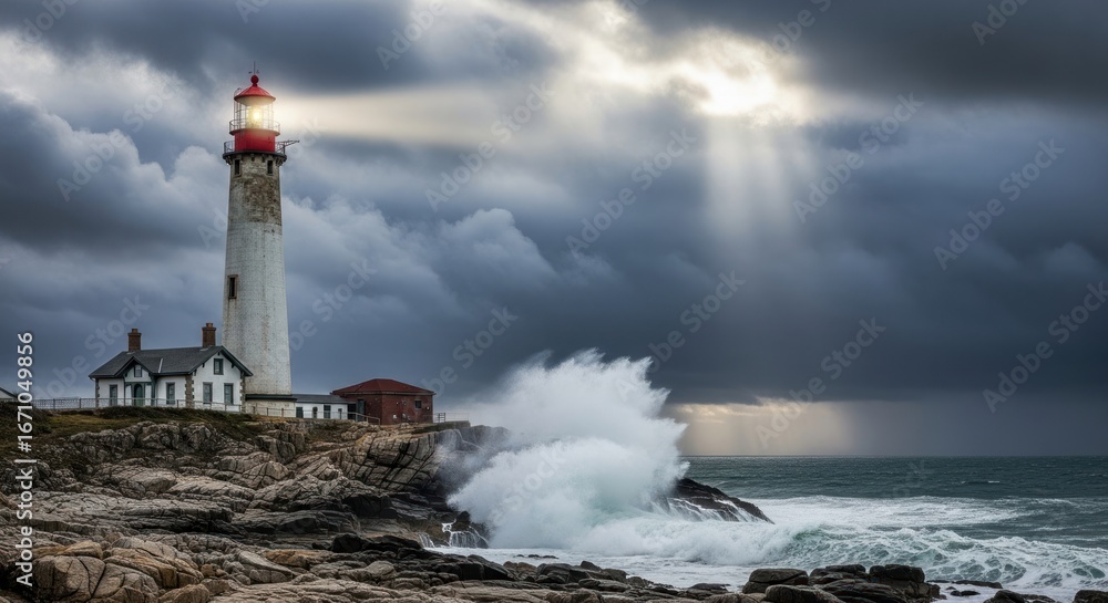 Obraz premium Seascape with lighthouse atop rocks, powerful waves, stormy sky, sun rays breaking