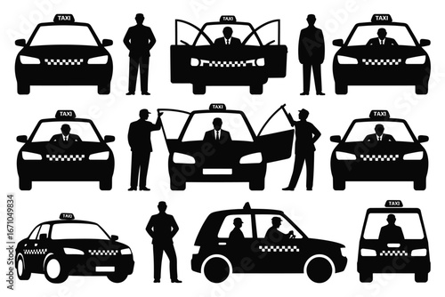 Vector art of taxi car silhouettes, featuring various views of taxi cabs, drivers, and passengers in urban transportation scenes