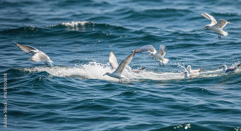 Naklejka premium Seagulls gathering, swooping, and feeding above ocean waves, splashing water around