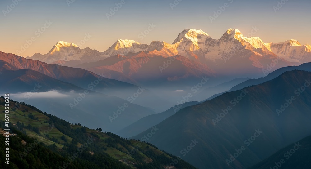 Fototapeta premium Majestic Himalayan Mountains at Sunrise with Fog.