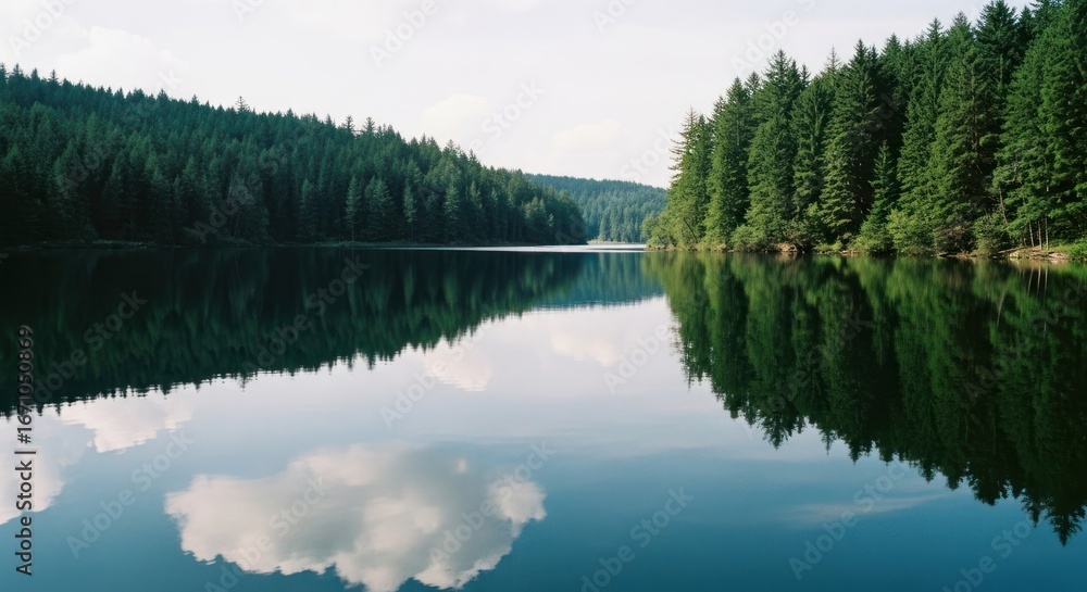 Fototapeta premium Serene lake reflects trees and sky, creating a symmetrical and tranquil vista