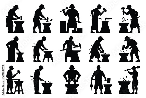 Vector art of set of blacksmith man silhouette working with hammer and anvil for metal industry, forge and craft concept
