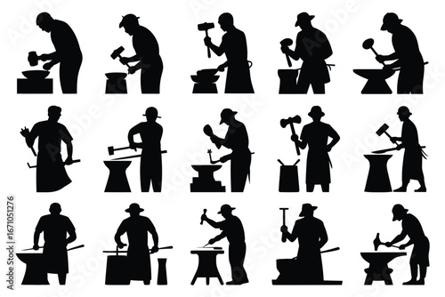 Vector art of silhouettes of blacksmiths working with hammer and anvil, , showcasing the traditional craft and industry