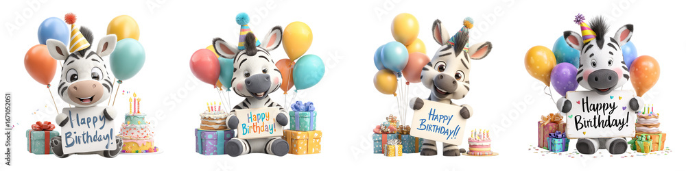 Naklejka premium Delightful zebra cartoon characters ready to celebrate a Happy Birthday with festive balloons, gifts, and cake, perfect for cheerful invitations and party decorations