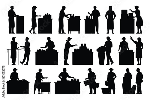 Vector art of silhouette illustrations showing people working in shops, stores, and markets, performing various tasks