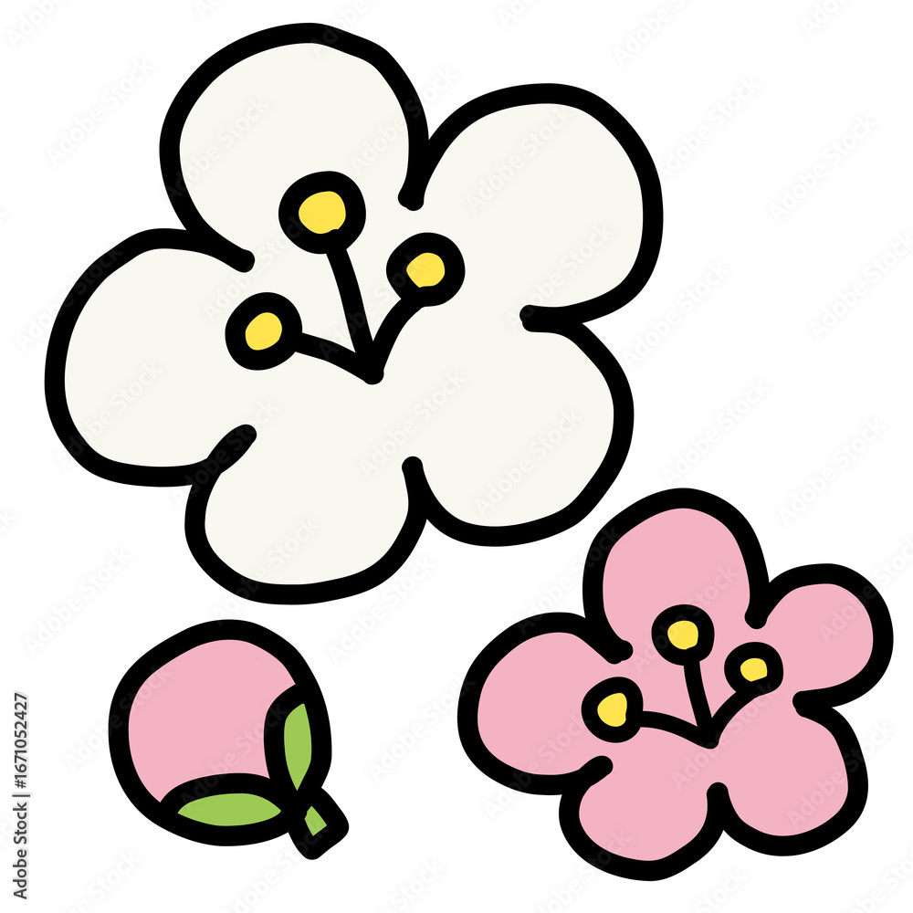 Fototapeta premium 手描き線画のシンプルな梅の花のイラスト