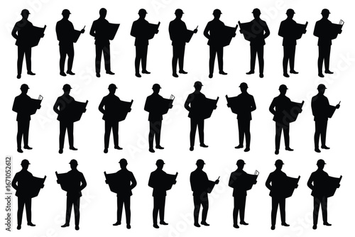 Vector art of silhouettes of architects and engineers holding blueprints, , showcasing construction and professional expertise