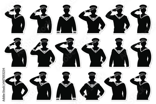 Vector art of collection of sailor silhouette vector illustrations in different poses for navy, marine, and military themes