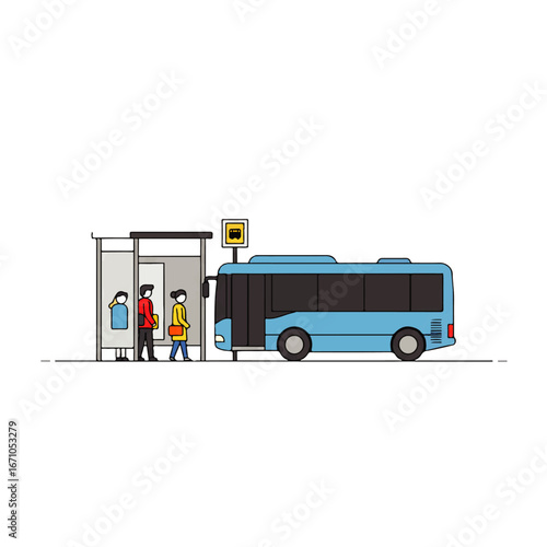 People waiting at a bus stop as a blue bus arrives to pick them up.